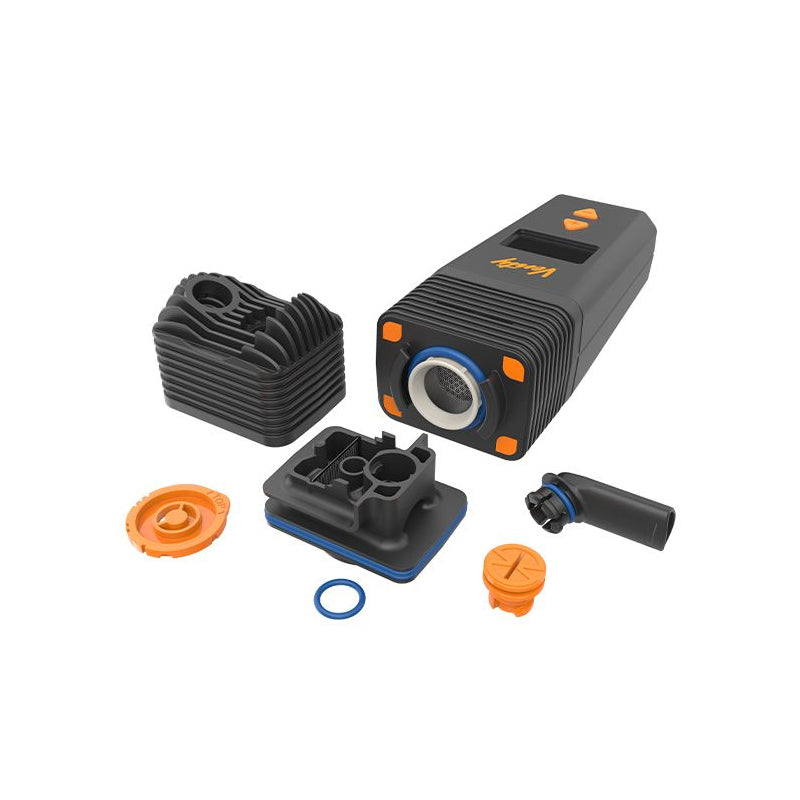 Storz & Bickel Venty Vaporizer mit zerlegten Einzelteilen und Kühleinheit in der Übersicht